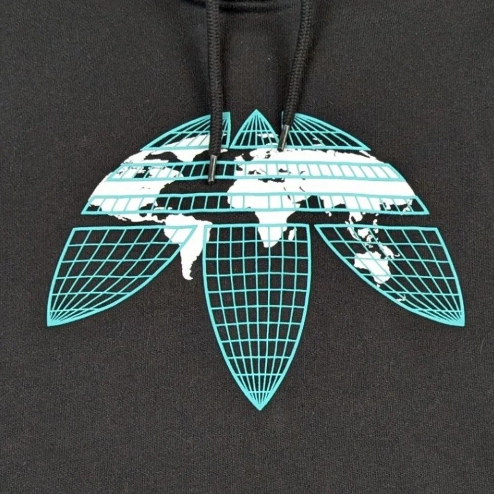 Adidas Originals Mens Small Black Globe Trefoil Graphic Sleeve Logo Hoodie